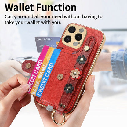 For iPhone 15 Pro Stereoscopic Flowers Wristband Card Bag Phone Case(Red) - iPhone 15 Pro Cases by buy2fix | Online Shopping UK | buy2fix