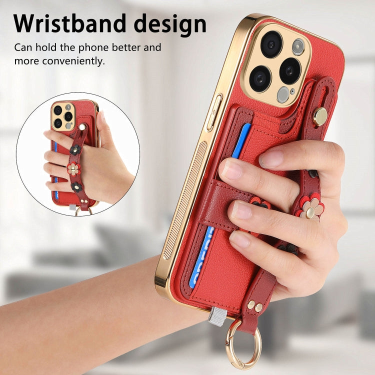 For iPhone 15 Pro Stereoscopic Flowers Wristband Card Bag Phone Case(Red) - iPhone 15 Pro Cases by buy2fix | Online Shopping UK | buy2fix