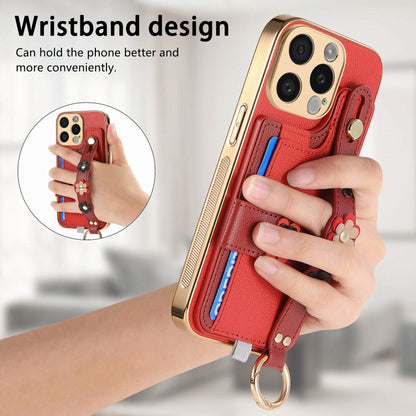 For iPhone 15 Pro Stereoscopic Flowers Wristband Card Bag Phone Case(Red) - iPhone 15 Pro Cases by buy2fix | Online Shopping UK | buy2fix