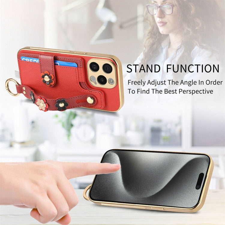 For iPhone 15 Pro Stereoscopic Flowers Wristband Card Bag Phone Case(Red) - iPhone 15 Pro Cases by buy2fix | Online Shopping UK | buy2fix