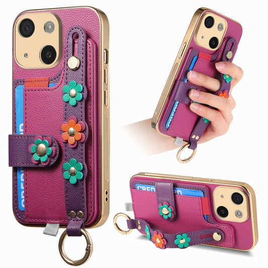 For iPhone 15 Plus Stereoscopic Flowers Wristband Card Bag Phone Case(Purple) - iPhone 15 Plus Cases by buy2fix | Online Shopping UK | buy2fix
