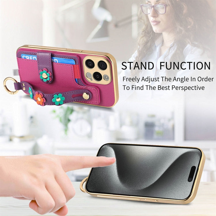 For iPhone 15 Pro Max Stereoscopic Flowers Wristband Card Bag Phone Case(Purple) - iPhone 15 Pro Max Cases by buy2fix | Online Shopping UK | buy2fix