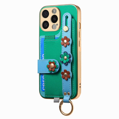 For iPhone 14 Stereoscopic Flowers Wristband Card Bag Phone Case(Green) - iPhone 14 Cases by buy2fix | Online Shopping UK | buy2fix