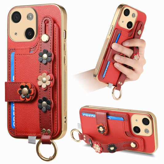 For iPhone 14 Stereoscopic Flowers Wristband Card Bag Phone Case(Red) - iPhone 14 Cases by buy2fix | Online Shopping UK | buy2fix
