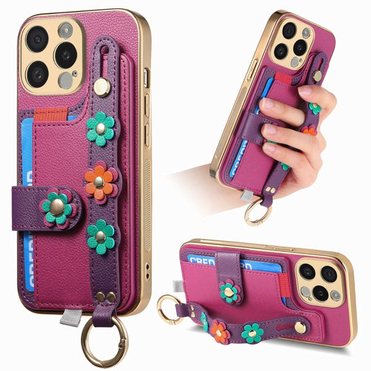 For iPhone 14 Pro Stereoscopic Flowers Wristband Card Bag Phone Case(Purple) - iPhone 14 Pro Cases by buy2fix | Online Shopping UK | buy2fix