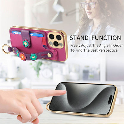For iPhone 14 Pro Stereoscopic Flowers Wristband Card Bag Phone Case(Purple) - iPhone 14 Pro Cases by buy2fix | Online Shopping UK | buy2fix