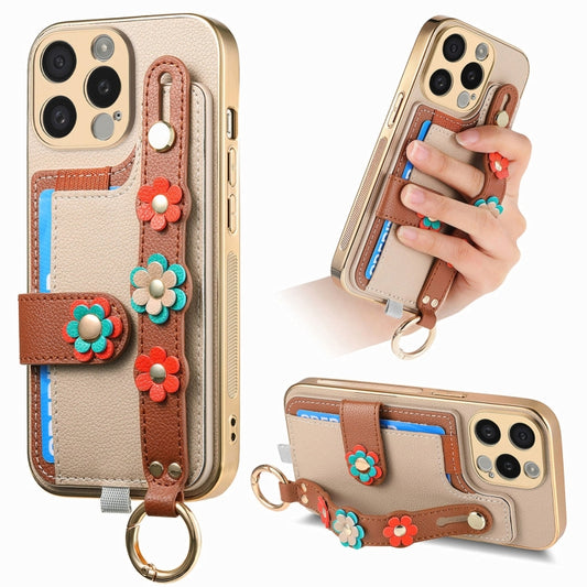 For iPhone 14 Pro Stereoscopic Flowers Wristband Card Bag Phone Case(Khaki) - iPhone 14 Pro Cases by buy2fix | Online Shopping UK | buy2fix