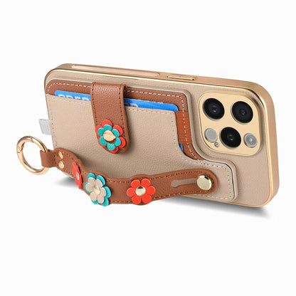 For iPhone 14 Pro Stereoscopic Flowers Wristband Card Bag Phone Case(Khaki) - iPhone 14 Pro Cases by buy2fix | Online Shopping UK | buy2fix