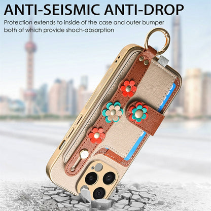 For iPhone 14 Pro Stereoscopic Flowers Wristband Card Bag Phone Case(Khaki) - iPhone 14 Pro Cases by buy2fix | Online Shopping UK | buy2fix