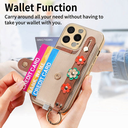 For iPhone 14 Pro Stereoscopic Flowers Wristband Card Bag Phone Case(Khaki) - iPhone 14 Pro Cases by buy2fix | Online Shopping UK | buy2fix