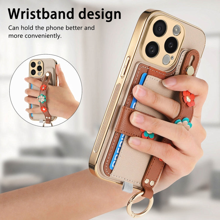 For iPhone 14 Pro Stereoscopic Flowers Wristband Card Bag Phone Case(Khaki) - iPhone 14 Pro Cases by buy2fix | Online Shopping UK | buy2fix