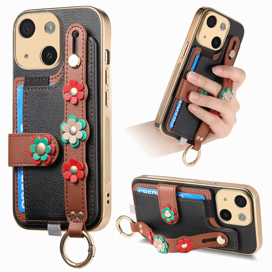 For iPhone 14 Plus Stereoscopic Flowers Wristband Card Bag Phone Case(Black) - iPhone 14 Plus Cases by buy2fix | Online Shopping UK | buy2fix