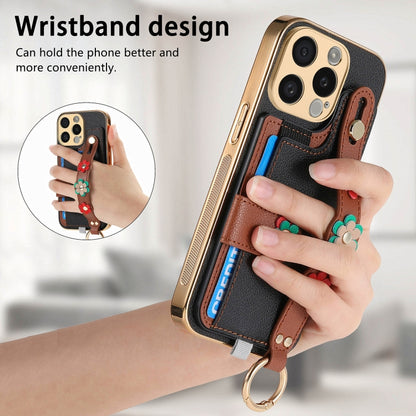 For iPhone 14 Plus Stereoscopic Flowers Wristband Card Bag Phone Case(Black) - iPhone 14 Plus Cases by buy2fix | Online Shopping UK | buy2fix