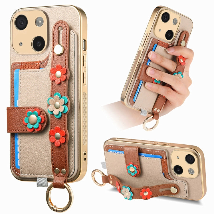 For iPhone 13 Stereoscopic Flowers Wristband Card Bag Phone Case(Khaki) - iPhone 13 Cases by buy2fix | Online Shopping UK | buy2fix
