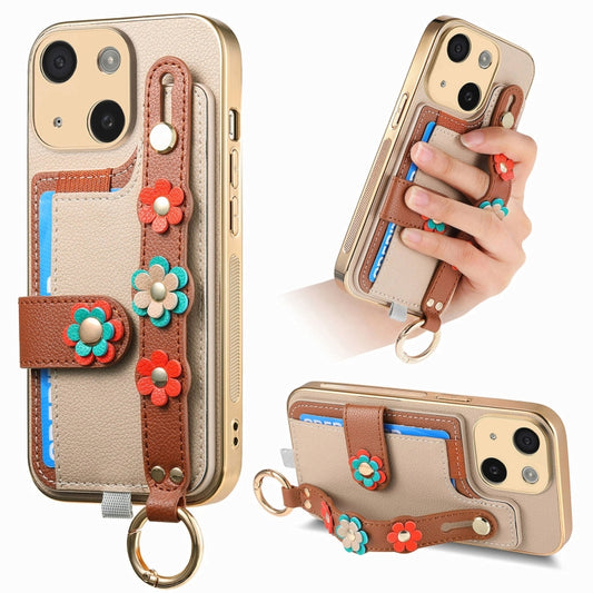For iPhone 13 Stereoscopic Flowers Wristband Card Bag Phone Case(Khaki) - iPhone 13 Cases by buy2fix | Online Shopping UK | buy2fix