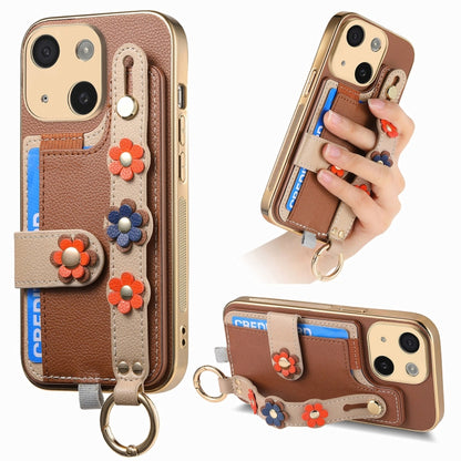 For iPhone 13 Stereoscopic Flowers Wristband Card Bag Phone Case(Brown) - iPhone 13 Cases by buy2fix | Online Shopping UK | buy2fix