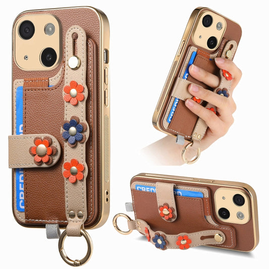 For iPhone 13 Stereoscopic Flowers Wristband Card Bag Phone Case(Brown) - iPhone 13 Cases by buy2fix | Online Shopping UK | buy2fix