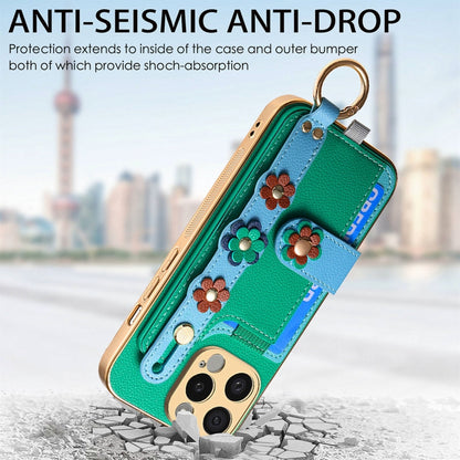 For iPhone 13 Stereoscopic Flowers Wristband Card Bag Phone Case(Green) - iPhone 13 Cases by buy2fix | Online Shopping UK | buy2fix