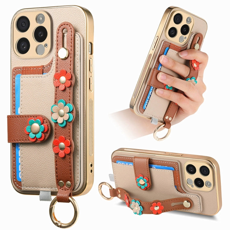 For iPhone 13 Pro Stereoscopic Flowers Wristband Card Bag Phone Case(Khaki) - iPhone 13 Pro Cases by buy2fix | Online Shopping UK | buy2fix