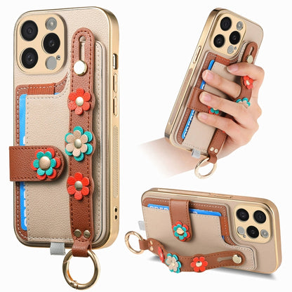 For iPhone 13 Pro Stereoscopic Flowers Wristband Card Bag Phone Case(Khaki) - iPhone 13 Pro Cases by buy2fix | Online Shopping UK | buy2fix