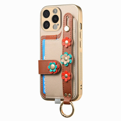 For iPhone 13 Pro Stereoscopic Flowers Wristband Card Bag Phone Case(Khaki) - iPhone 13 Pro Cases by buy2fix | Online Shopping UK | buy2fix