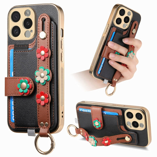 For iPhone 13 Pro Max Stereoscopic Flowers Wristband Card Bag Phone Case(Black) - iPhone 13 Pro Max Cases by buy2fix | Online Shopping UK | buy2fix