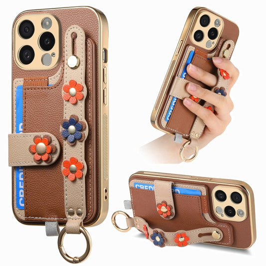 For iPhone 13 Pro Max Stereoscopic Flowers Wristband Card Bag Phone Case(Brown) - iPhone 13 Pro Max Cases by buy2fix | Online Shopping UK | buy2fix