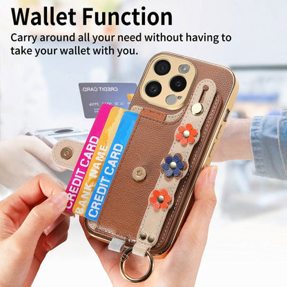 For iPhone 13 Pro Max Stereoscopic Flowers Wristband Card Bag Phone Case(Brown) - iPhone 13 Pro Max Cases by buy2fix | Online Shopping UK | buy2fix