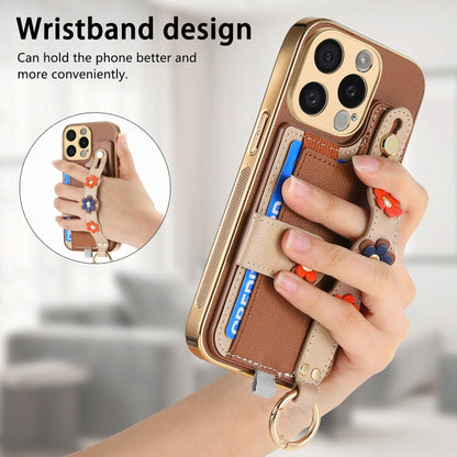 For iPhone 13 Pro Max Stereoscopic Flowers Wristband Card Bag Phone Case(Brown) - iPhone 13 Pro Max Cases by buy2fix | Online Shopping UK | buy2fix
