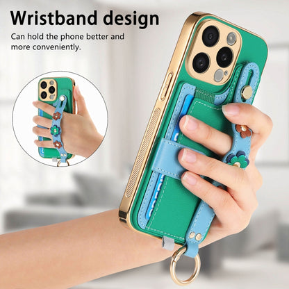 For iPhone 12 Pro Max Stereoscopic Flowers Wristband Card Bag Phone Case(Green) - iPhone 12 Pro Max Cases by buy2fix | Online Shopping UK | buy2fix