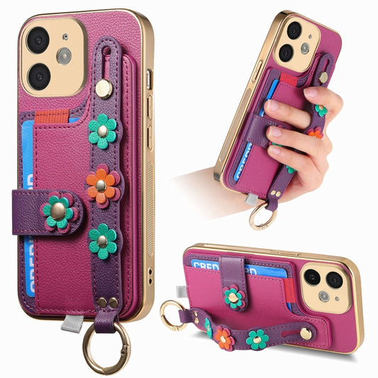 For iPhone 11 Stereoscopic Flowers Wristband Card Bag Phone Case(Purple) - iPhone 11 Cases by buy2fix | Online Shopping UK | buy2fix