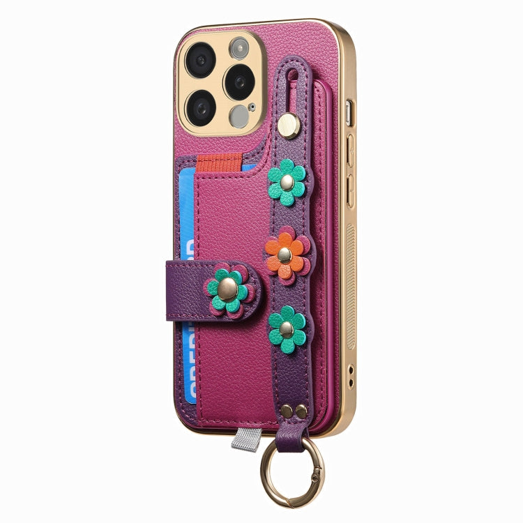 For iPhone 11 Stereoscopic Flowers Wristband Card Bag Phone Case(Purple) - iPhone 11 Cases by buy2fix | Online Shopping UK | buy2fix