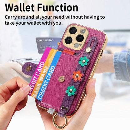 For iPhone 11 Stereoscopic Flowers Wristband Card Bag Phone Case(Purple) - iPhone 11 Cases by buy2fix | Online Shopping UK | buy2fix