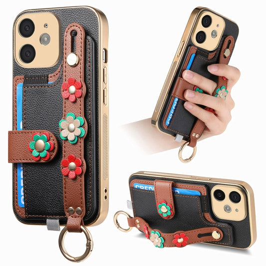For iPhone 11 Stereoscopic Flowers Wristband Card Bag Phone Case(Black) - iPhone 11 Cases by buy2fix | Online Shopping UK | buy2fix
