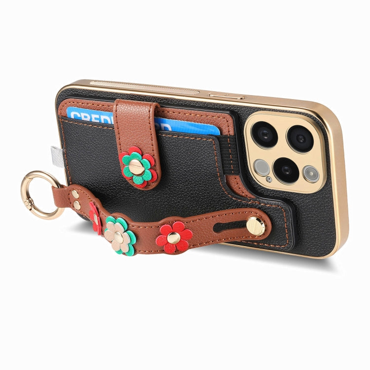 For iPhone 11 Stereoscopic Flowers Wristband Card Bag Phone Case(Black) - iPhone 11 Cases by buy2fix | Online Shopping UK | buy2fix