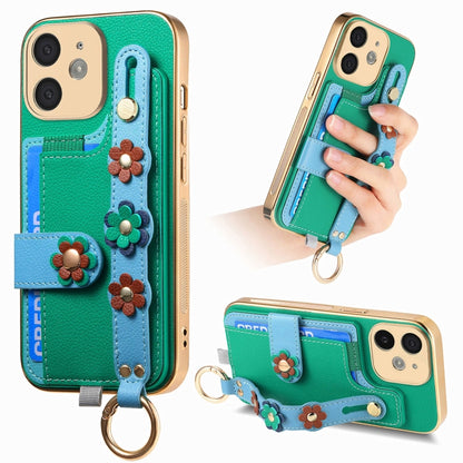For iPhone 11 Stereoscopic Flowers Wristband Card Bag Phone Case(Green) - iPhone 11 Cases by buy2fix | Online Shopping UK | buy2fix