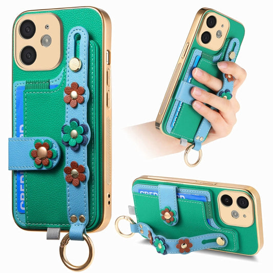 For iPhone 11 Stereoscopic Flowers Wristband Card Bag Phone Case(Green) - iPhone 11 Cases by buy2fix | Online Shopping UK | buy2fix