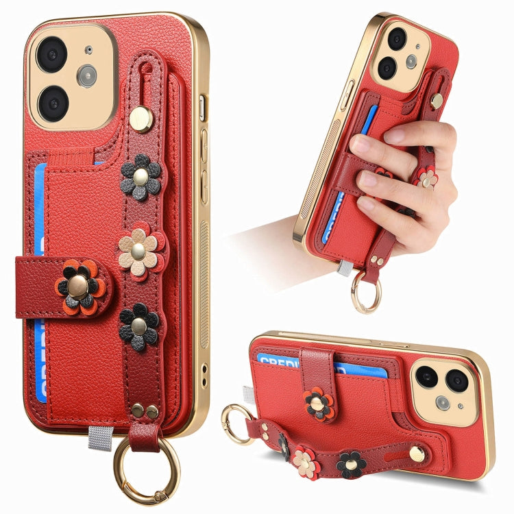 For iPhone 11 Stereoscopic Flowers Wristband Card Bag Phone Case(Red) - iPhone 11 Cases by buy2fix | Online Shopping UK | buy2fix