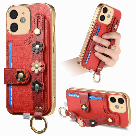For iPhone 11 Stereoscopic Flowers Wristband Card Bag Phone Case(Red) - iPhone 11 Cases by buy2fix | Online Shopping UK | buy2fix