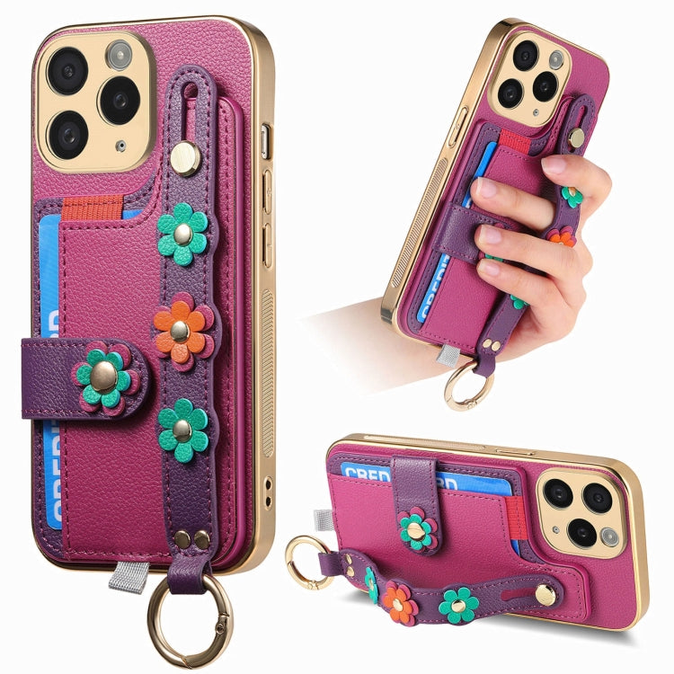 For iPhone 11 Pro Stereoscopic Flowers Wristband Card Bag Phone Case(Purple) - iPhone 11 Pro Cases by buy2fix | Online Shopping UK | buy2fix