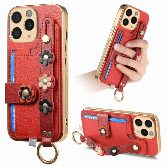 For iPhone 11 Pro Stereoscopic Flowers Wristband Card Bag Phone Case(Red) - iPhone 11 Pro Cases by buy2fix | Online Shopping UK | buy2fix
