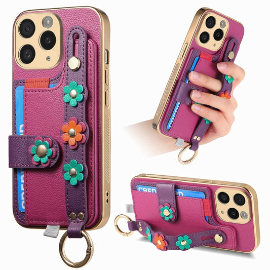 For iPhone 11 Pro Max Stereoscopic Flowers Wristband Card Bag Phone Case(Purple) - iPhone 11 Pro Max Cases by buy2fix | Online Shopping UK | buy2fix