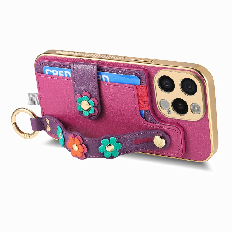 For iPhone 11 Pro Max Stereoscopic Flowers Wristband Card Bag Phone Case(Purple) - iPhone 11 Pro Max Cases by buy2fix | Online Shopping UK | buy2fix