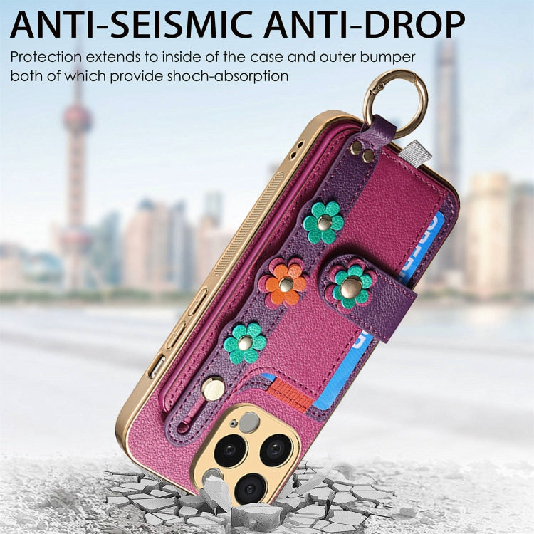 For iPhone 11 Pro Max Stereoscopic Flowers Wristband Card Bag Phone Case(Purple) - iPhone 11 Pro Max Cases by buy2fix | Online Shopping UK | buy2fix
