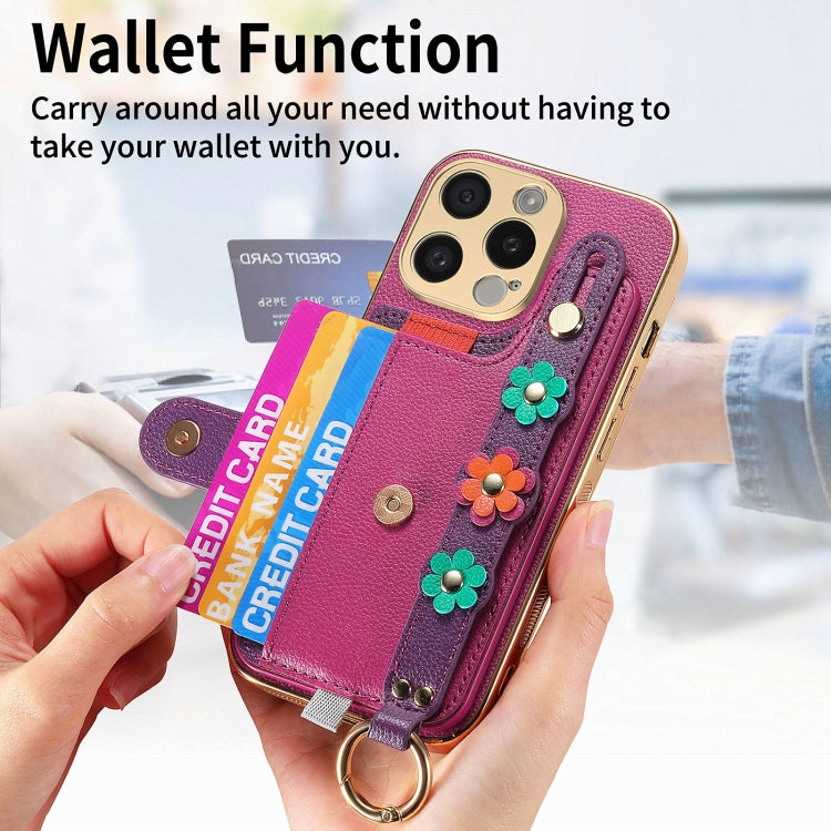 For iPhone 11 Pro Max Stereoscopic Flowers Wristband Card Bag Phone Case(Purple) - iPhone 11 Pro Max Cases by buy2fix | Online Shopping UK | buy2fix