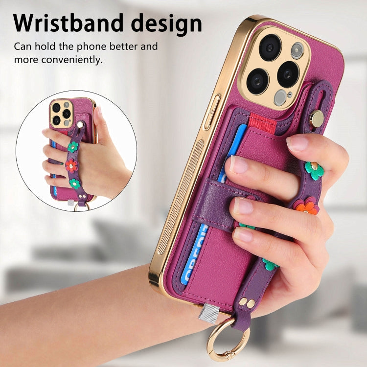 For iPhone 11 Pro Max Stereoscopic Flowers Wristband Card Bag Phone Case(Purple) - iPhone 11 Pro Max Cases by buy2fix | Online Shopping UK | buy2fix