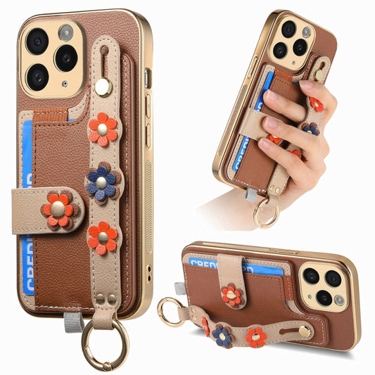 For iPhone 11 Pro Max Stereoscopic Flowers Wristband Card Bag Phone Case(Brown) - iPhone 11 Pro Max Cases by buy2fix | Online Shopping UK | buy2fix