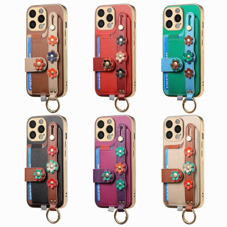 For iPhone 15 Pro Max Stereoscopic Flowers Wristband Card Bag Phone Case(Purple) - iPhone 15 Pro Max Cases by buy2fix | Online Shopping UK | buy2fix
