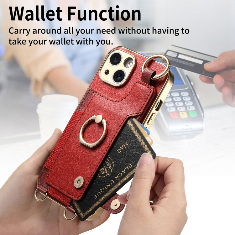 For iPhone 15 Pro Fashion Ring Card Bag Phone Case with Hang Loop(Red) - iPhone 15 Pro Cases by buy2fix | Online Shopping UK | buy2fix