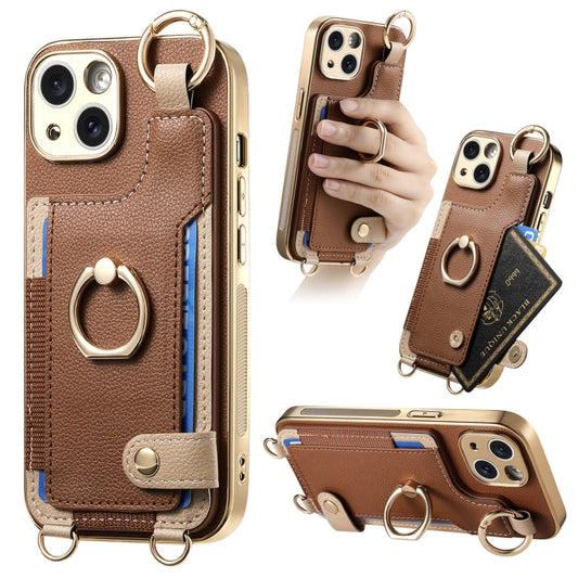 For iPhone 14 Plus Fashion Ring Card Bag Phone Case with Hang Loop(Brown) - iPhone 14 Plus Cases by buy2fix | Online Shopping UK | buy2fix